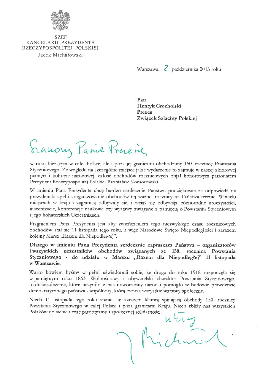 List Szefa Kancelarii Prezydenta RP Jacka Michałowskiego
